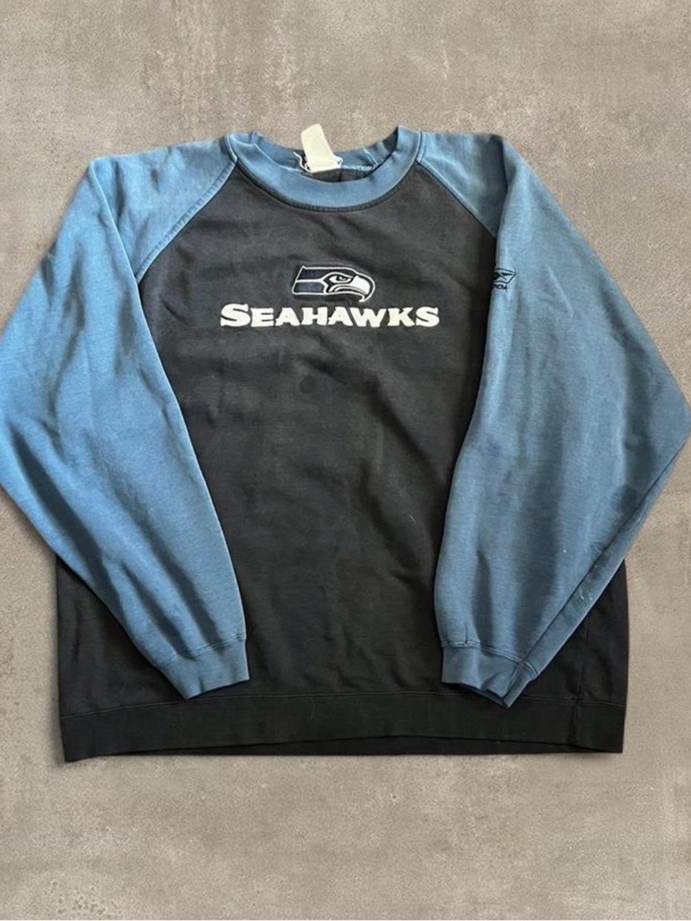 Reebok Vintage Black Crewneck with Blue Raglan Sleeves Seahawks Logo